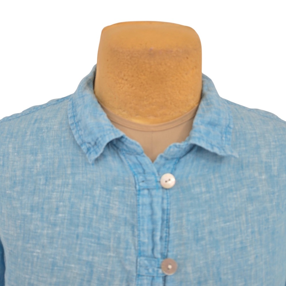 Sigrid Olsen Button Up Top Women Large Blue Linen Roll Tab Casual Summer Blouse - Picture 3 of 9